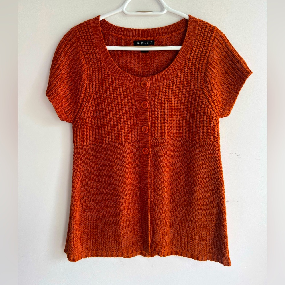 August Silk Orange knit Buttoned Blouse Top Cardigan sweater dopamine office